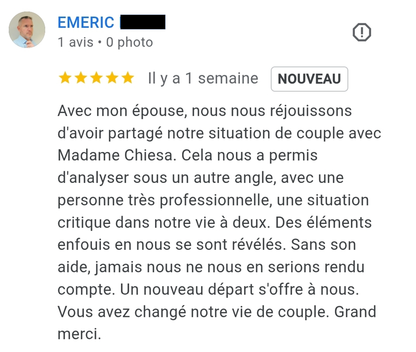 Avis indiquant les bénéfices d'une thérapie de couple avec Nathalie CHIESA, psychothérapeute à Neuville sur Saône et Fontaines sur Saône