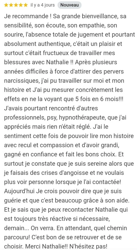 Avis indiquant les bénéfices d'une psychothérapie avec Nathalie CHIESA, psychothérapeute à Neuville sur Saône et Fontaines sur Saône