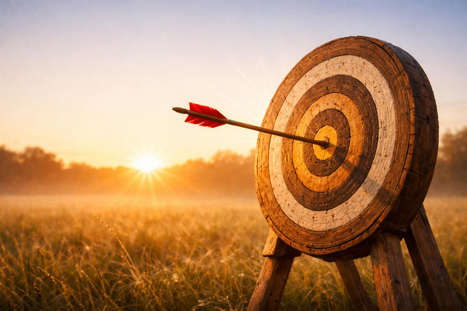 Cible en bois vue de trois quarts, touchée en plein centre par une flèche, éclairée par la lumière douce d’un lever de soleil.