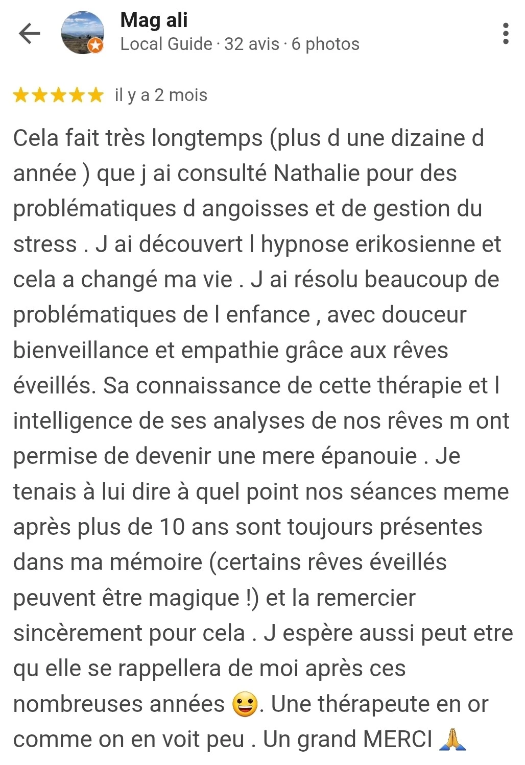 Capture d’écran d’un avis client 5 étoiles témoignant de la qualité de l’accompagnement proposé par Nathalie Chiesa.