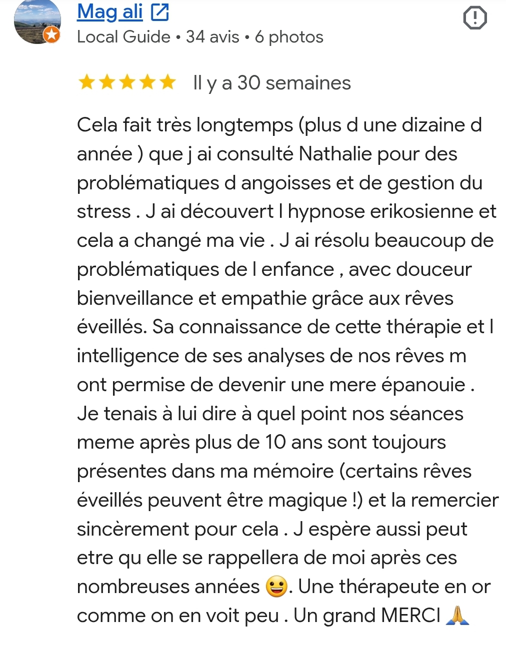 Avis client de Nathalie Chiesa, psychothérapeute à Neuville sur Saône et en visio